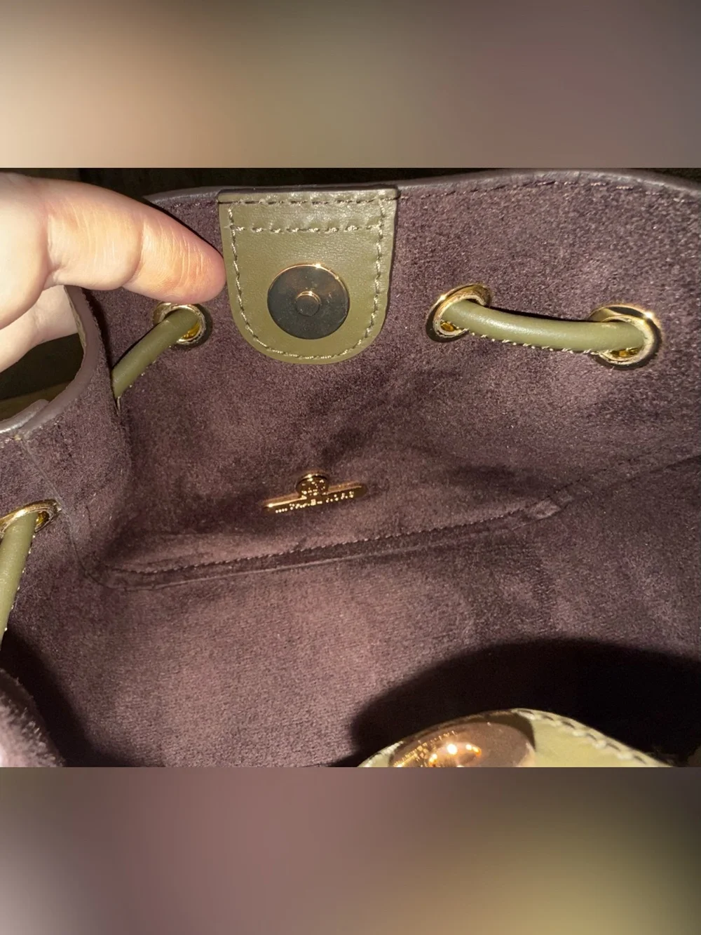 Michael Kors Phoebe Olive Green Leather Drawstring Crossbody with Gold Accents